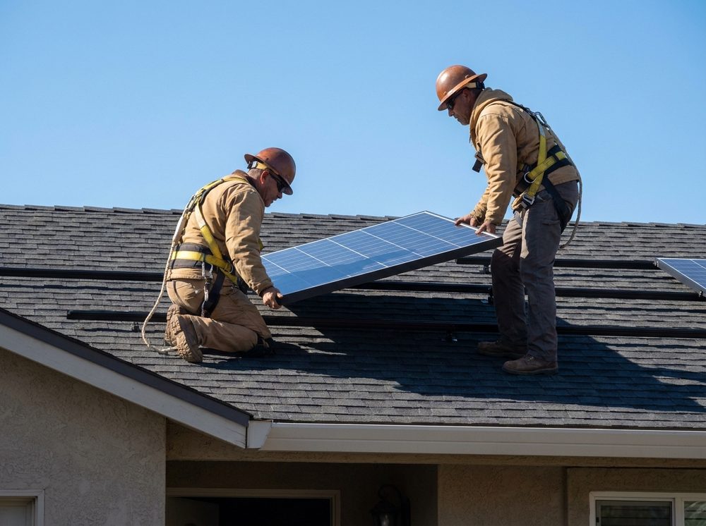 Solar professionals reviewing a residential roof