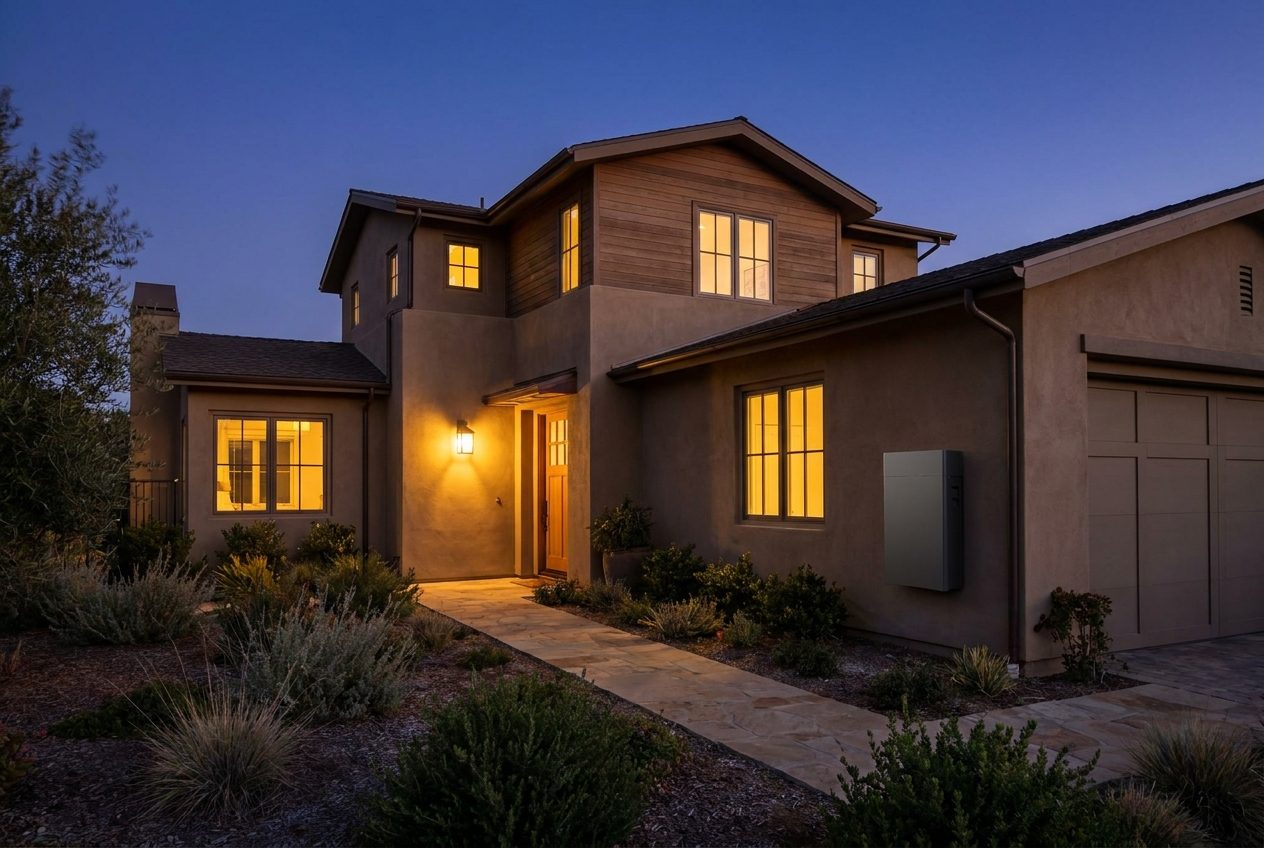Home at dusk with warm windows, rooftop solar and battery storage