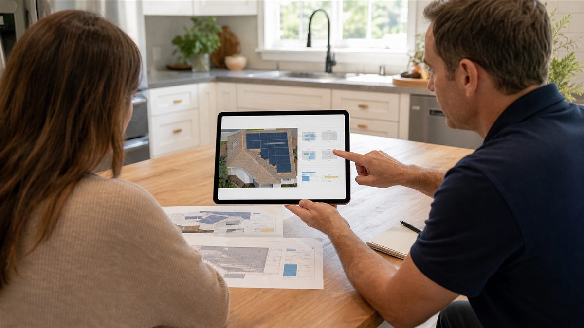 Homeowner comparing a proposed rooftop solar layout with an advisor