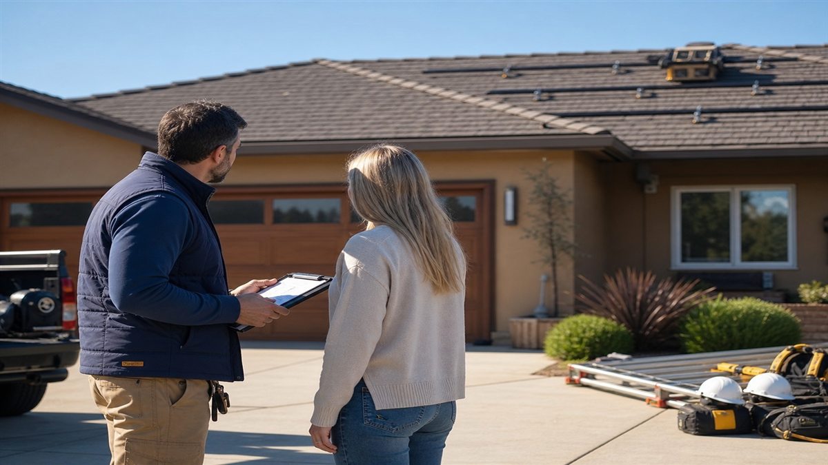 Homeowner and project coordinator reviewing installation plans outside the home